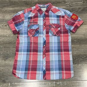 Men's Scotch & Soda Red and Blue Plaid Pearl Snap Shirt Size XXL